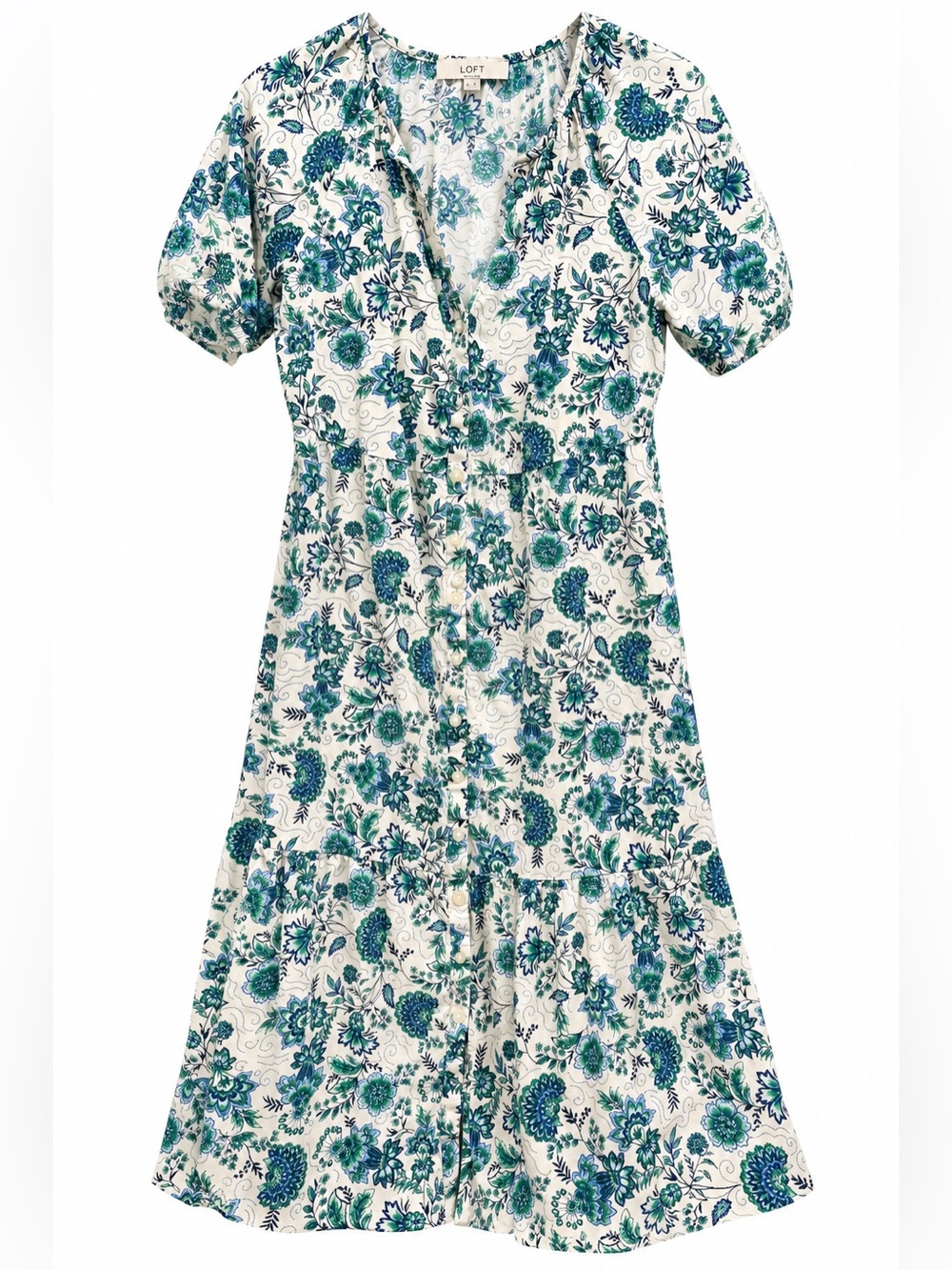 LOFT White Midi Dress with Blue & Teal Floral Print